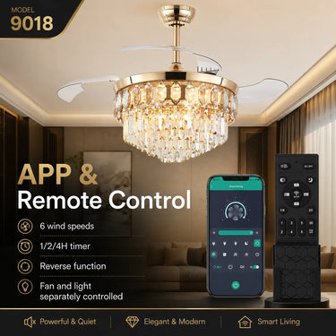APP and remote control functions of Kviflon 9018 gold ceiling fan with light