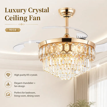 Close-up of K9 crystal lampshade on Kviflon 9018 gold crystal ceiling fan