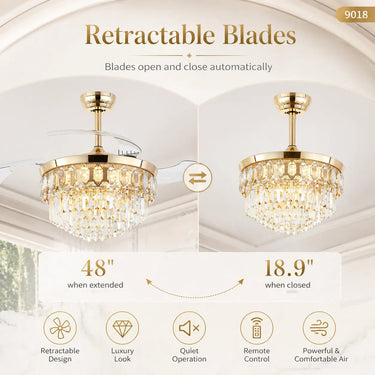 Kviflon 9018 gold retractable ceiling fan showing open and closed blade positions