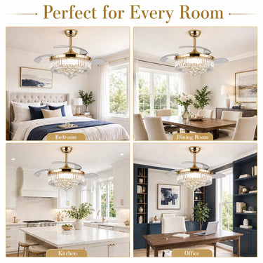 model 9019 luxury gold crystal retractable ceiling fan installed in a modern elegant living room dining room kitchen office ambient
