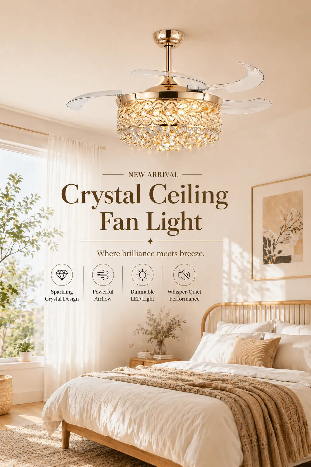 Luxurious Kviflon 9020 retractable crystal ceiling fan light, chic silver finish with remote control for cozy home decor