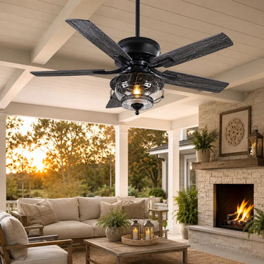 Kviflon A5012 waterproof black ceiling fan installed on an outdoor covered patio gazebo with high-quality airflow