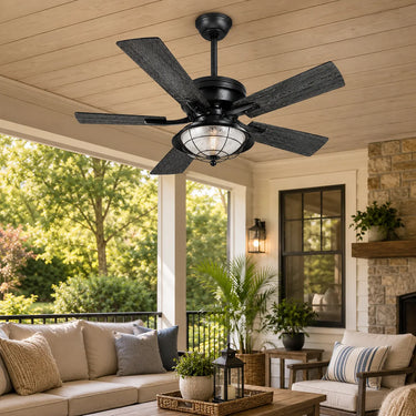 Kviflon A5013 wet-rated ceiling fan with light installed in a covered patio