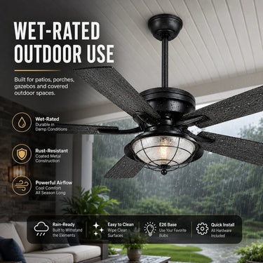 Wet-rated indoor and outdoor use feature of Kviflon A5013 ceiling fan with light