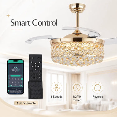 App control for retractable blade crystal ceiling fan light