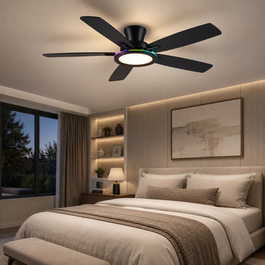 Kviflon B8240 RGB flush mount ceiling fan with light installed in a modern bedroom