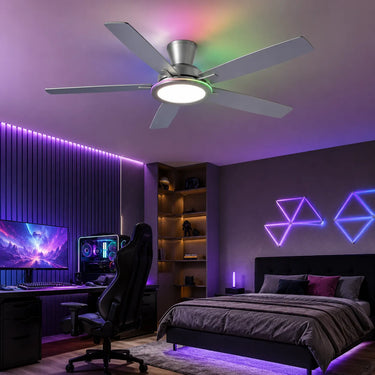 Kviflon B8240 RGB ceiling fan with color changing ambient light installed in a gaming room