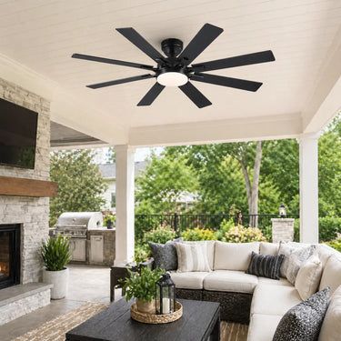 52 inch black ceiling fan with light installed in a patio