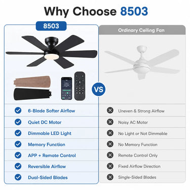 Comparison between Kviflon B8503 ceiling fan with light and a standard ceiling light
