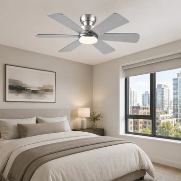 Kviflon B8503 46 inch flush mount ceiling fan with light installed in a modern bedroom
