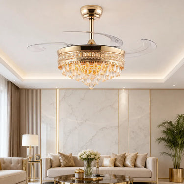 crown Crystal retractable blade crystal ceiling fan with light in a dining room