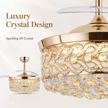 Close-up crystal lighting detail on a retractable blade crystal fandelier
