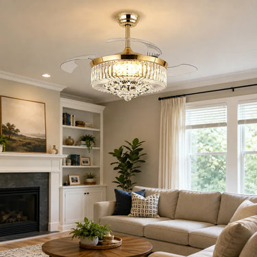 Halo Crystal retractable blade crystal fan light with clean ring design in a living room