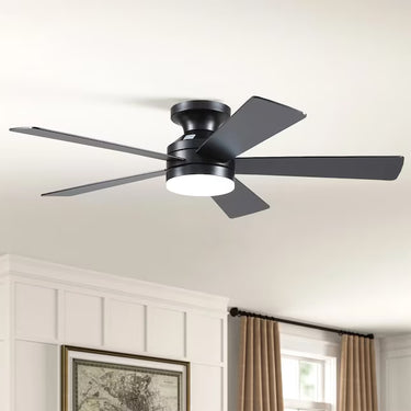 Kviflon low profile  black ceiling fan with light installed in a modern bedroom
