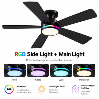 Kviflon low profile ceiling fan with RGB ambient light for bedroom and gaming room black
