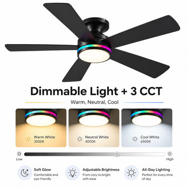Kviflon low profile ceiling fan with RGB dmmable light 3CCT for bedroom and gaming room