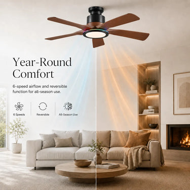 KVIFLON LS8241 52 inch brown RGB flush mount ceiling fan with light reverse air direction for summer cooling and winter air circulation.