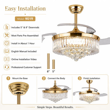 model 9019 gold crystal ceiling fan detailed dimensions guide with downrod mounting accessories