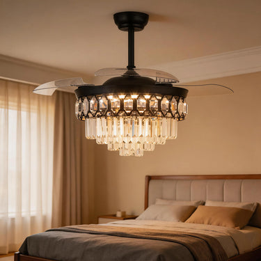 Prism Crystal retractable blade crystal ceiling fan with light in a dining room