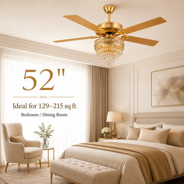 Kviflon queen 52 inch gold crystal chandelier ceiling fan with light, ideal for bedroom and dining room spaces from 129 to 215 sq ft