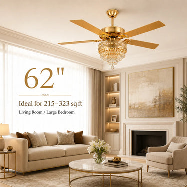 Kviflon queen 62 inch gold crystal chandelier ceiling fan with light, ideal for living rooms and large bedrooms from 215 to 323 sq ft