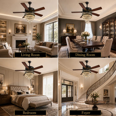 Kviflon queen black crystal chandelier ceiling fan displayed in living room, bedroom, dining room, and entryway luxury home scenes