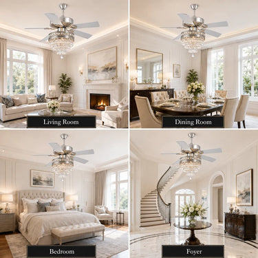 Kviflon queen sliver crystal chandelier ceiling fan displayed in living room, bedroom, dining room, and entryway luxury home scenes