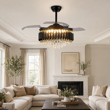 Ribbon Crystal black and gold retractable blade crystal fandelier in a modern living room