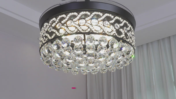 9020 crystal retractable ceiling fan real video showing lighting effect and fan operation
