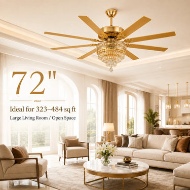 A 72-inch gold ceiling fan with a crystal chandelier is shown installed in a bright, modern living room. The image includes text overlays stating '72" Ideal for 323–484 sq ft Large Living Room / Open Space'.